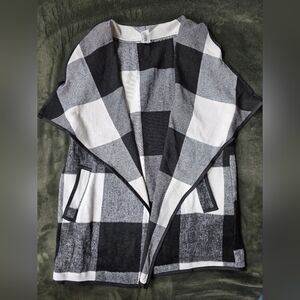 Plaid Open Front Cardigan Jacket - Black & White